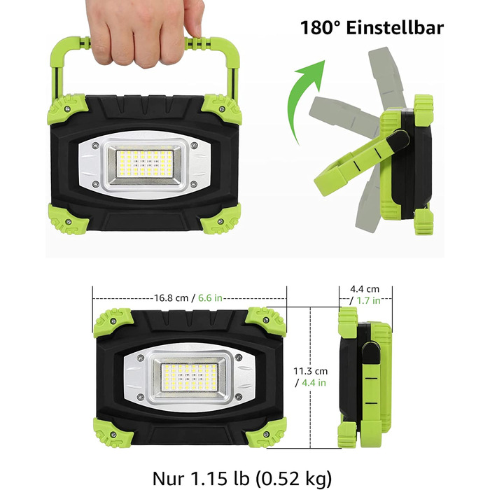 Lepro LED акумуляторний прожектор для кемпінгу, алюмінієвий, 20W, 2000 люмен, 5 режимів, павербанк 5200 мА·год, для роботи, надзвичайних ситуацій, кемпінгу