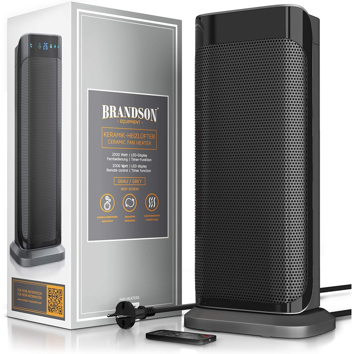 Керамічний обігрівач Brandson 2000W з дистанційним керуванням, тихий, енергозберігаючий, з холодним режимом, двома рівнями потужності та осциляцією, для офісу, вітальні, спальні, чорний