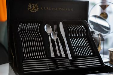 Набір столових приборів KARL HAUSMANN на 12 осіб (72 предмети) з нержавіючої сталі в кейсі - виделки, ложки, ножі + сервірувальні прибори, поліровані, для посудомийної машини