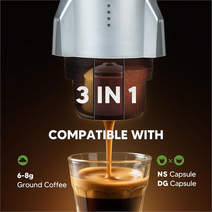 Кавомашина еспресо 3-в-1 портативна електрична 19 бар для кави меленої та NESPRESSO/Dolce Gusto, Space Grey