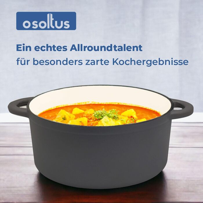Чавунний жаровий казан Osoltus з кришкою для тушкування, 26 см, 5,3 л, круглий, темно-сірий