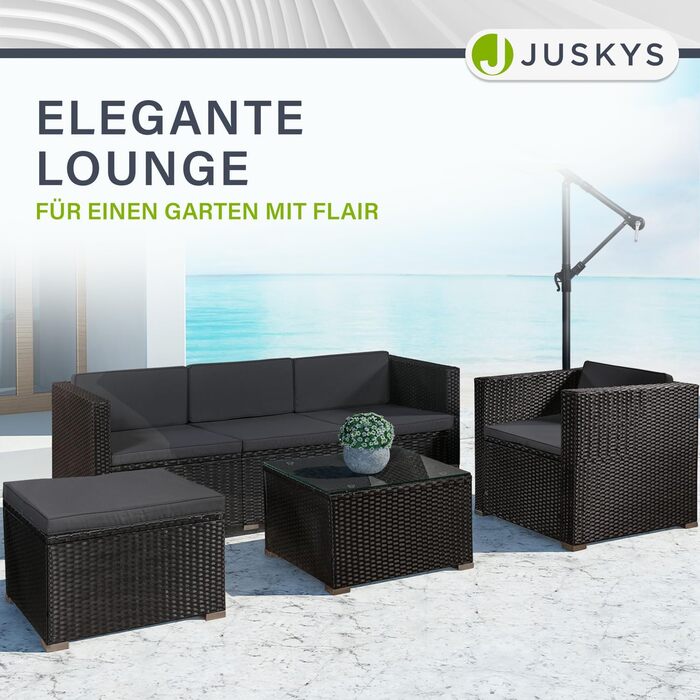 Садовий комплект меблів Juskys Polyrattan Punta Cana для 4-5 осіб: диван, крісло, пуф, стіл, подушки - чорний/сірий