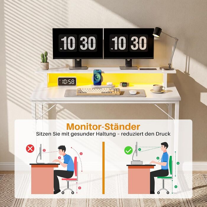Комп'ютерний стіл iSunirm 100x50 см для геймінгу з RGB підсвіткою, розеткою та підставкою під монітор, білий