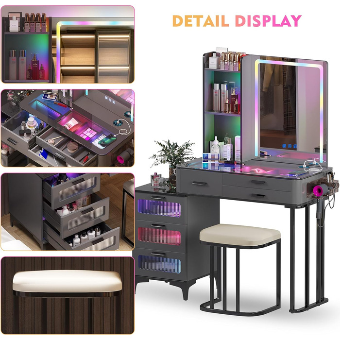 Туалетний столик з підсвіткою RGB, LED дзеркалом, табуретом, 6 шухлядами, скляною стільницею, тримачем для фену, USB Type-C, чорний