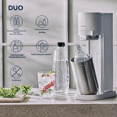 Сифон для газування води SodaStream Duo, з пластиковою пляшкою 1 л (BPA-free), скляним графином 1 л та циліндром CO2 на 60 л (швидке підключення), чорний
