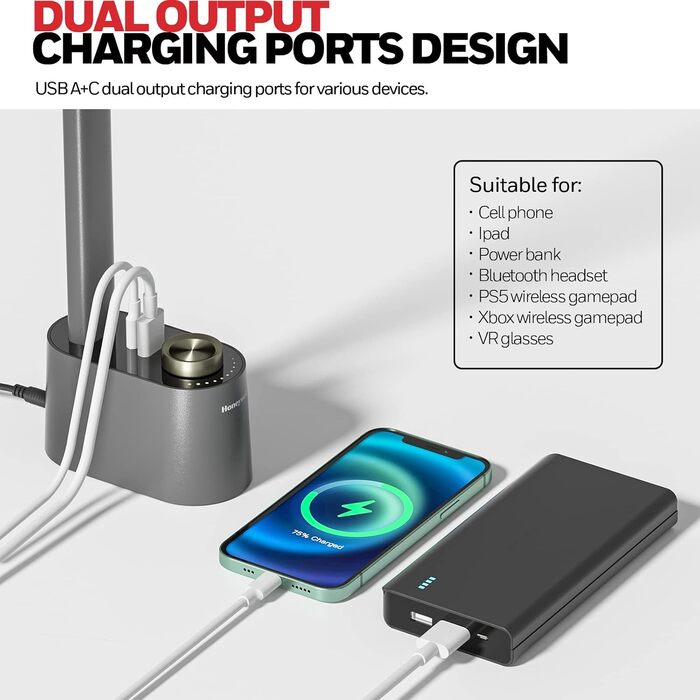 Світлодіодна настільна лампа Honeywell HWT-H01 з USB, диммована, захист очей, портативна, біла, для читання та роботи