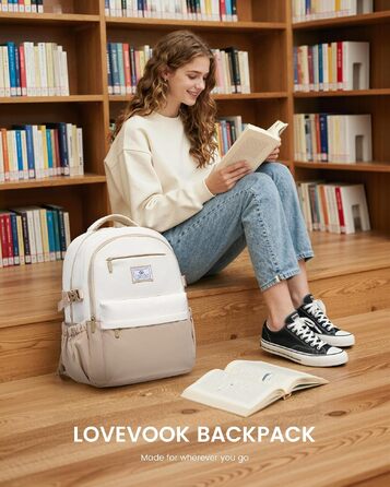 Шкільний рюкзак LOVEVOOK для дівчат та підлітків, сумка для ноутбука 15.6 дюймів, жіночий міський рюкзак, колір хакі-бежевий