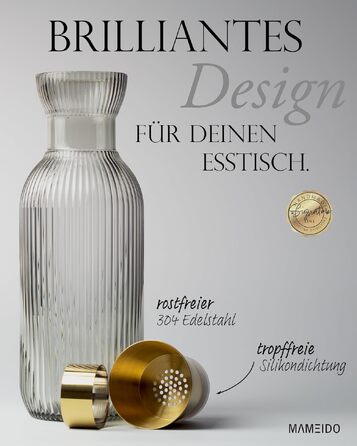 Скляний глечик для води MAMEIDO з носиком та ситом, 1 л, рифлене кришталеве скло, Smoke Gold