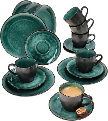 MamboCat Кавовий сервіс 18 предметів Green Reactive Glaze для 6 осіб. Керамічний набір ручної роботи з ефектом м'ятиного кольору та мідною окантовкою (6 чашок, 6 тарілок, 6 десертних тарілок).