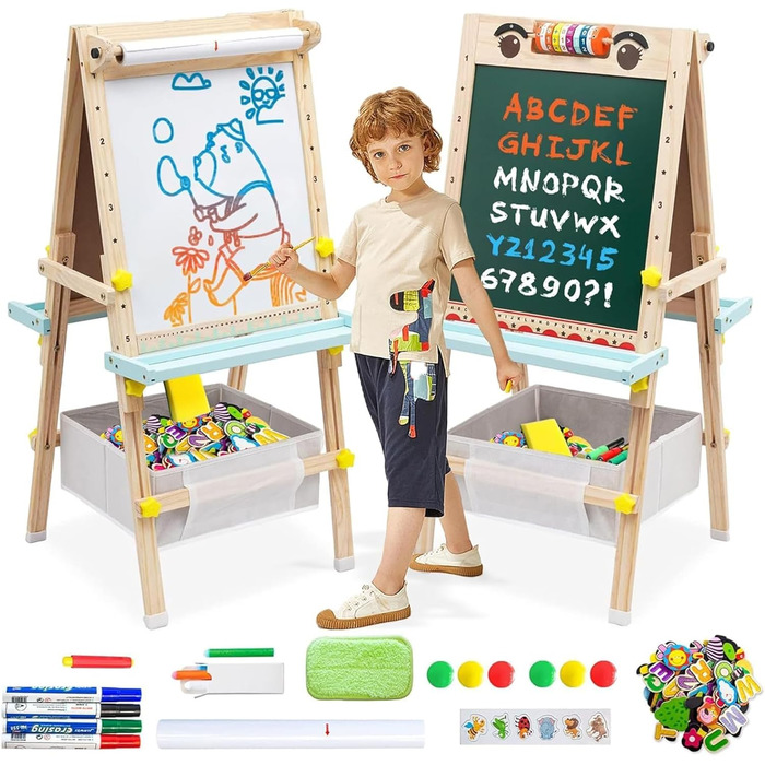 Дитяча мольберт Kinder Tafel з регулюванням висоти, двосторонній, з паперовою рулонною дошкою, літерами та цифрами, аксесуарами для дітей 2-8 років