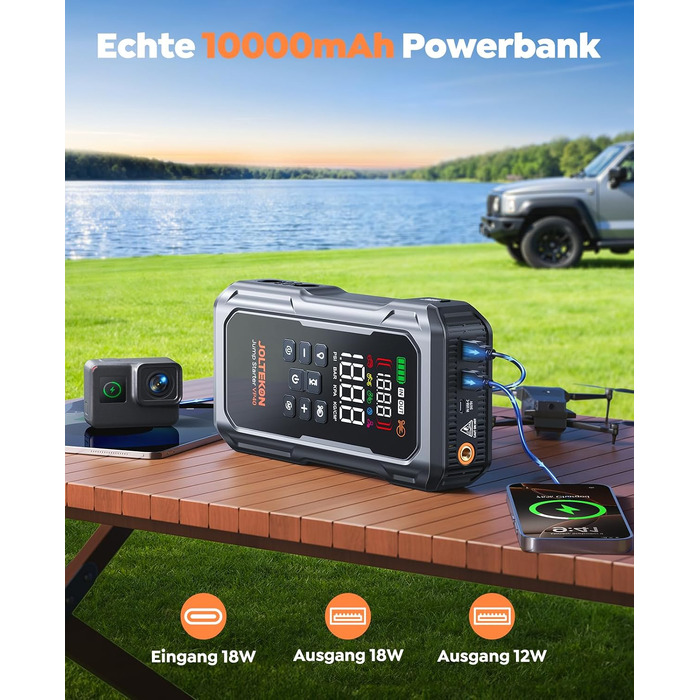 Пусковий пристрій (бустер) 7000A для авто: Powerbank для бензинових та дизельних двигунів (до 12.0L), з компресором 160 PSI, надувним насосом, LED-ліхтарем 800 Лм та LCD-дисплеєм