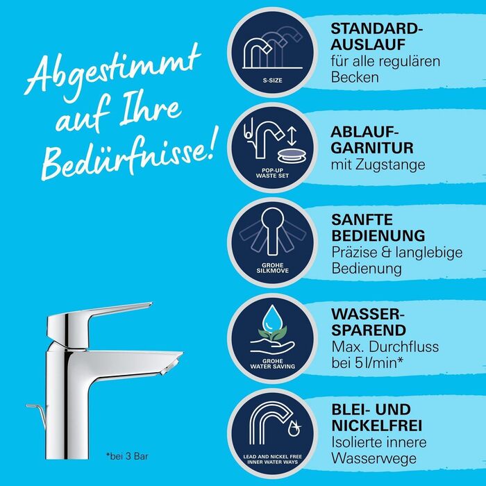 Змішувач для ванної кімнати Grohe Start, водозберігаючий, хром, з витяжною пробкою, 17 см, з інструментом 3в1, для встановлення на умивальник