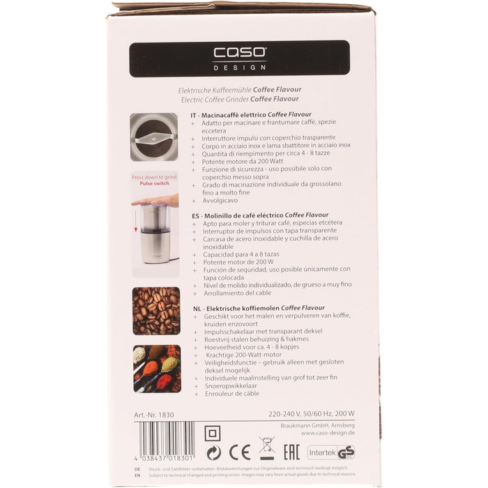 Електрична кавомолка Caso 1830 Coffee Flavour, 200 Вт, нержавіюча сталь, для кави, еспресо, горіхів та спецій, подвійний ніж, об’єм до 90 г