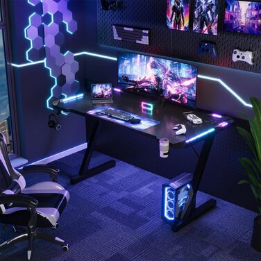 Ігровий стіл Devoko 120x60 см з LED-підсвіткою, поверхнею з вуглецевого волокна, підстаканником та гачком для навушників, ергономічний комп'ютерний стіл, чорний