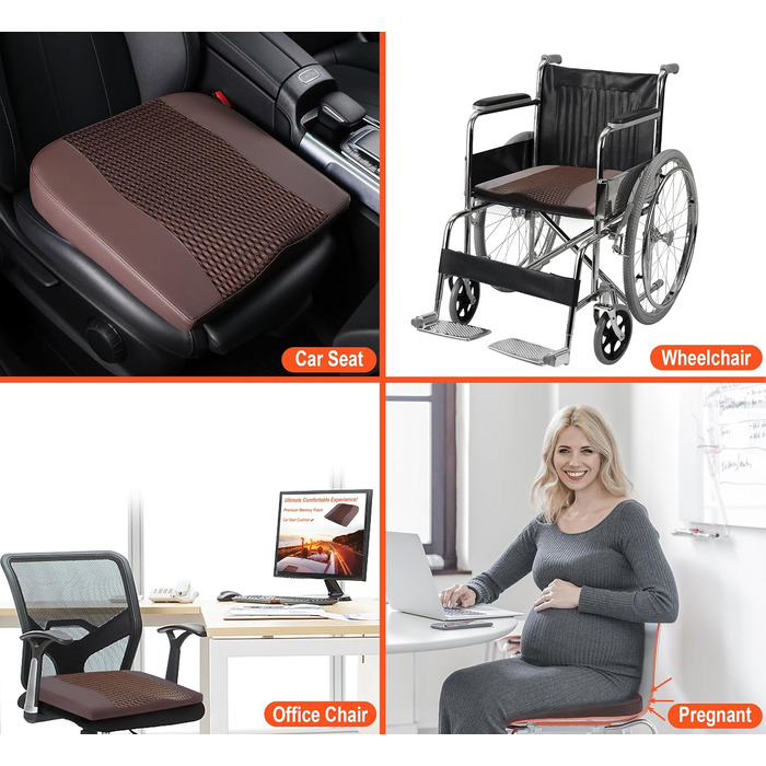 Автомобільна подушка Lofty Aim з Memory Foam для водія: підтримка спини, зняття болю (ішіас), для автокрісла, офісного крісла, інвалідного візка. PU-шкіра, 4D Mesh, коричнева