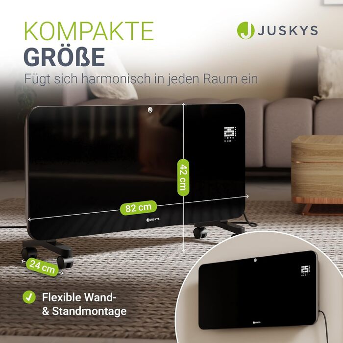 Скляний конвектор Juskys Glasheizung 2000W: електричний обігрівач зі стіновим та підлоговим кріпленням, керуванням через додаток, LED-дисплеєм, таймером та пультом ДК