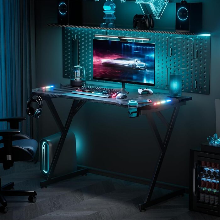 Ігровий стіл HLONONE 120x60 см з LED-підсвіткою, карбонове покриття, тримач для напоїв і навушників, чорний