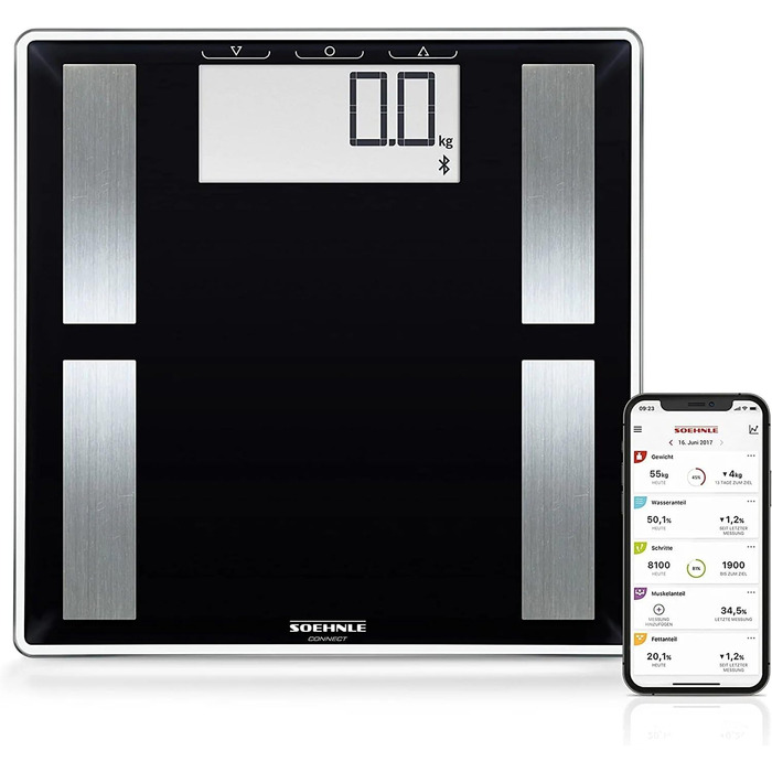 Ваги Soehnle Shape Sense Connect 50 з Bluetooth, аналітичні ваги для біоімпедансного аналізу тіла, електронна вага для вимірювання жиру, з великим LCD-дисплеєм, чорні, з мобільним додатком