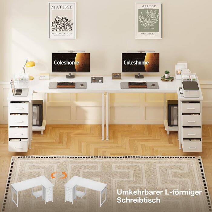 Кутовий письмовий стіл Coleshome L-подібний, 120x70 см, з 4 шухлядами, білий — обернений комп'ютерний стіл для офісу, кабінету та спальні