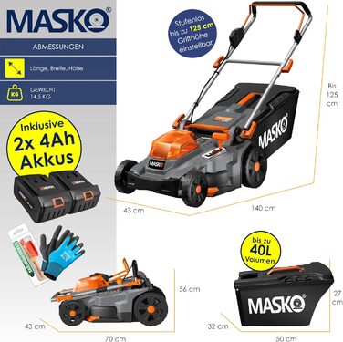 Акумуляторний газонокосарка MASKO з функцією мульчування, 2 акумулятори Li-Ion 4Ah, подвійний зарядний пристрій, триммер, ширина зрізу 37 см, 6 положень висоти, кошик 40 л, площа до 600 м², в комплекті рукавички та щітка, чорний/помаранчевий