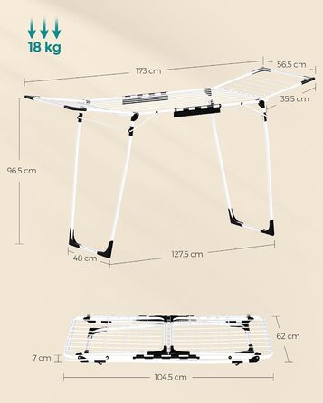 Сушарка для білизни SONGMICS з крилами, металева, 56,5x173x96,5 см, сірий, з тримачем для шкарпеток, для одягу та рушників