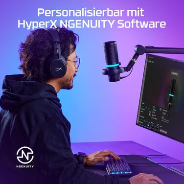 HyperX DuoCast USB конденсаторний мікрофон з RGB підсвіткою, вбудованим поп-фільтром, антивібраційним кріпленням, регулюванням підсилення, сумісний з ПК, PS5, PS4, Mac, чорний