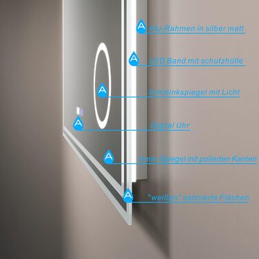 Дзеркало для ванної кімнати AQUABATOS LED 50x70 см з підсвічуванням, сенсорним вимикачем, регулюванням температури світла (6400K), IP44, CE, енергозберігаюче. Серія Essens