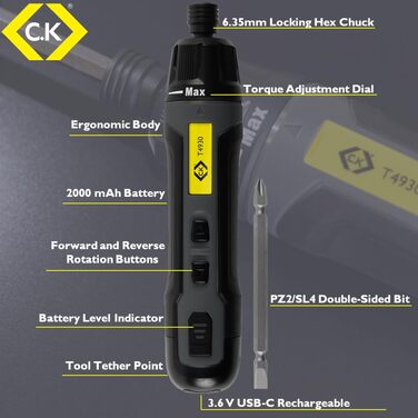 Акумуляторний шуруповерт C.K Tools T4930 3.6V USB-C з бітами PZ2/SL4 - потужний, електричний шурупокрут для електриків