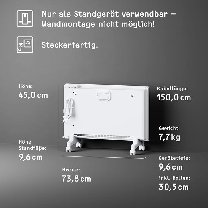 Електричний конвектор STIEBEL ELTRON 2 кВт, енергоощадний, для 25 м², з електронним керуванням, дисплеєм, колесами, білий, TÜV сертифікат