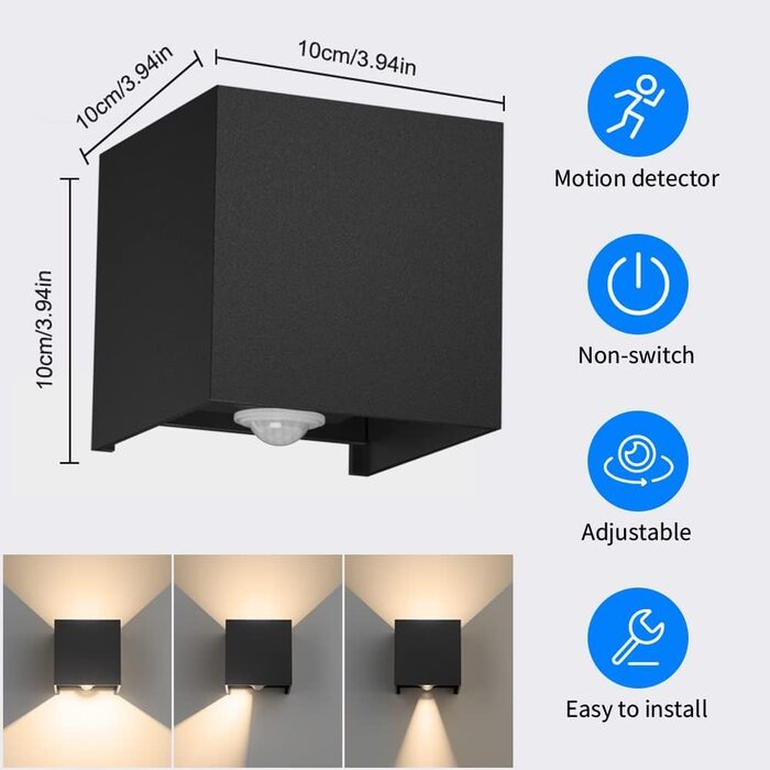 Klighten Зовнішня лампа з датчиком руху 12W, IP65, 3000K тепле біле світло, для внутрішнього та зовнішнього використання, регульований світловий потік, чорний колір