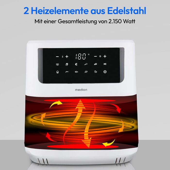 Аерофритюрниця MEDION P10 XL Duo 6,8 л, 2150 Вт, XXL Airfryer з двома нагрівальними елементами, 9 програмами та сенсорним керуванням, біла