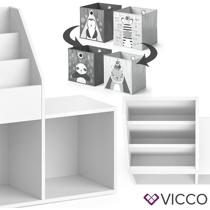 Дитяча книжкова полиця Vicco Luigi, біла, 72x79 см, з 2 текстильними коробками Panda/Tiger