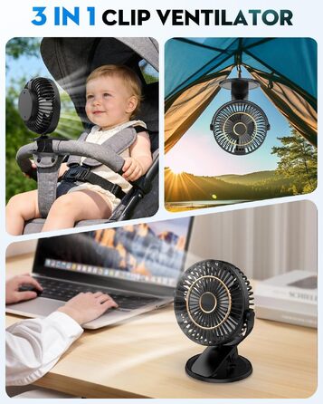 COZII Міні-вентилятор USB: кліпса на стіл, 720° поворот, 5 швидкостей, LED-дисплей. Портативний вентилятор для дому, офісу, дитячого візочка, подорожей - чорний