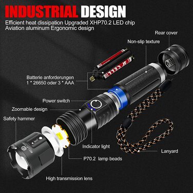 Ліхтарик LED акумуляторний 10000 люмен CREE XHP70.2, USB, тактичний, водонепроникний IP67, 5 режимів, для кемпінгу та туризму