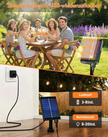 Сонячна гірлянда вулична LED 10м, 15+1 G40, пластик, димована, з пультом ДУ, 8 режимів, таймер, IP44, для балкона, саду, альтанки