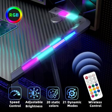 Ігровий стіл BEXEVUE з LED підсвіткою 120x50 см, чорний. Стіл для геймерів, компактний ПК стіл з карбоновою поверхнею та тримачем для навушників