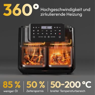 Аерофритюрниця LLIVEKIT 9L з двома камерами (4.5L+4.5L) та вікном перегляду, мультипіч 9-в-1 з сенсорним керуванням та таймером, чорна