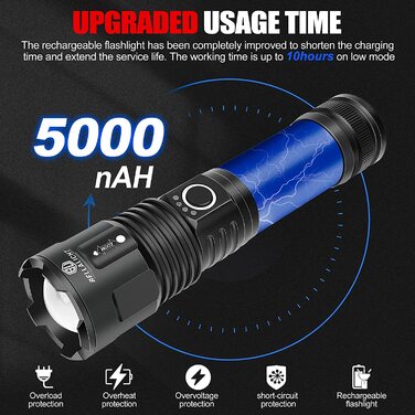 Ліхтарик LED акумуляторний 10000 люмен CREE XHP70.2, USB, тактичний, водонепроникний IP67, 5 режимів, для кемпінгу та туризму