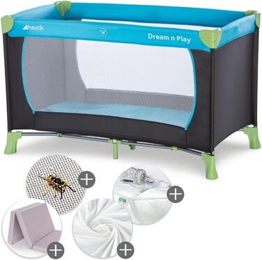 Дитяче ліжечко-манеж Hauck Dream N Play XXL з матрацом Alvi, водонепроникною підкладкою, 2 простирадлами та москітною сіткою, синє