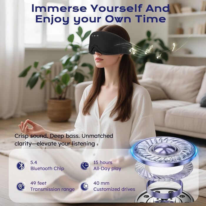 Маска для сну з навушниками Bluetooth 3D LC-Dolida для жінок та чоловіків, повна світлоізоляція, комфорт протягом усієї ночі, м'які навушники для сну під час подорожей, чорний колір