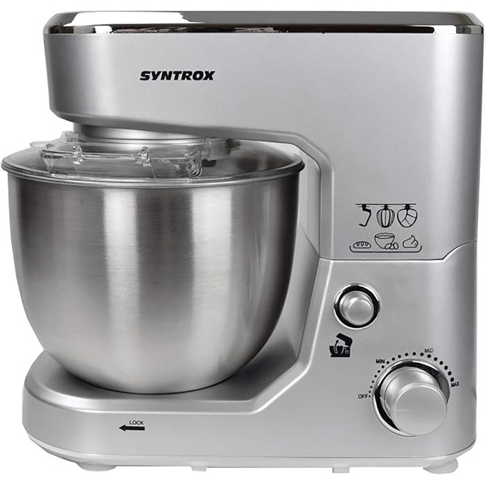 Кухонна машина Syntrox Germany з захисною кришкою, міксер-тестоміс, 5 л, нержавіюча сталь, срібляста