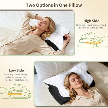 Ортопедична подушка для шиї з Memory Foam, ергономічна для сну на боці, спині та животі, 61.7x37x13/13.6 см, чорна