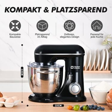 Кухонний комбайн Kitchen in the box Kompakte — планетарний міксер та тістоміс 3.5-5л, 10 швидкостей, з насадками (гак, вінчик, міксер), чорний