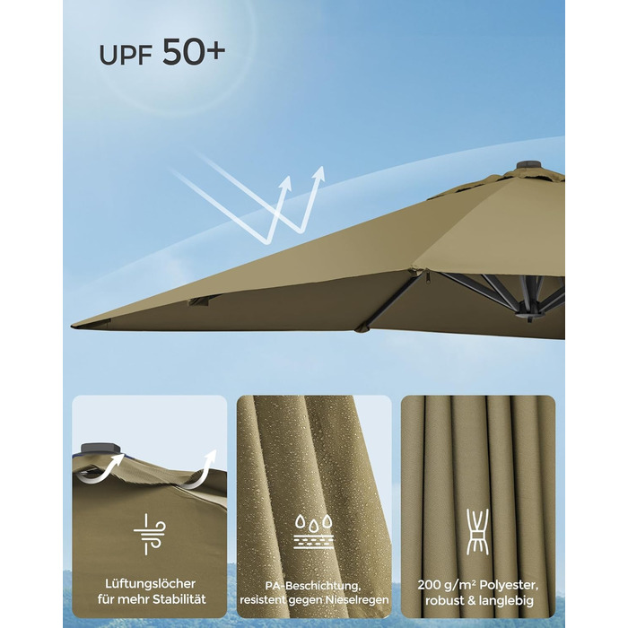 Парасоля для саду SONGMICS 290x290 см, ампельна, захист від UV UPF 50+, обертається на 360°, регулювання нахилу, зі стійкою, ременями та чохлом, колір лаврово-зелений