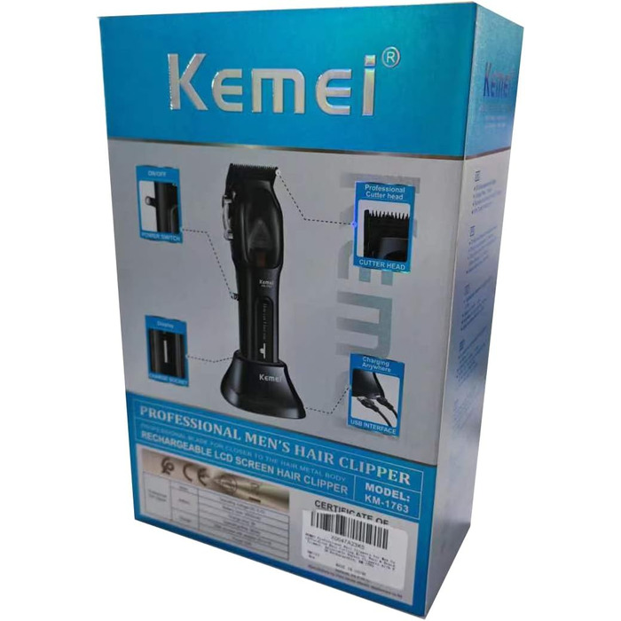 KEMEI Професійна машинка для стрижки волосся і бороди для чоловіків, бездротова, з регульованими лезами, USB зарядка, KM-1763