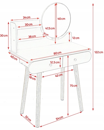 Туалетний столик Jumi, білий матовий, 80x40x122 см, 2 шухляди
