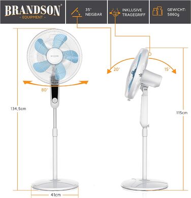 Вентилятор підлоговий Brandson Silent з пультом, дисплеєм, 60 Вт, білий, тиха робота, осциляція 80°, регульована висота 115-134 см, нахил 35°