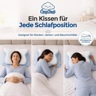 Ортопедична подушка для шиї та голови Premium Memory Foam у формі метелика, ергономічна подушка з ефектом пам'яті для сну на боці та спині, зі знімним чохлом (Sky Breeze Blue)