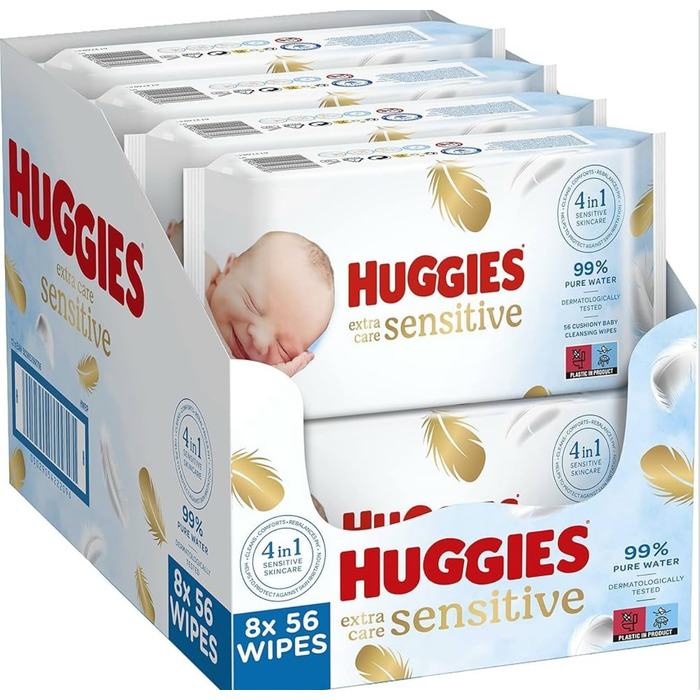 Дитячі вологі серветки Huggies Pure Extra Care Sensitive для чутливої шкіри, 99% чистої води, без віддушок, 8 упаковок по 56 шт (набір на місяць)