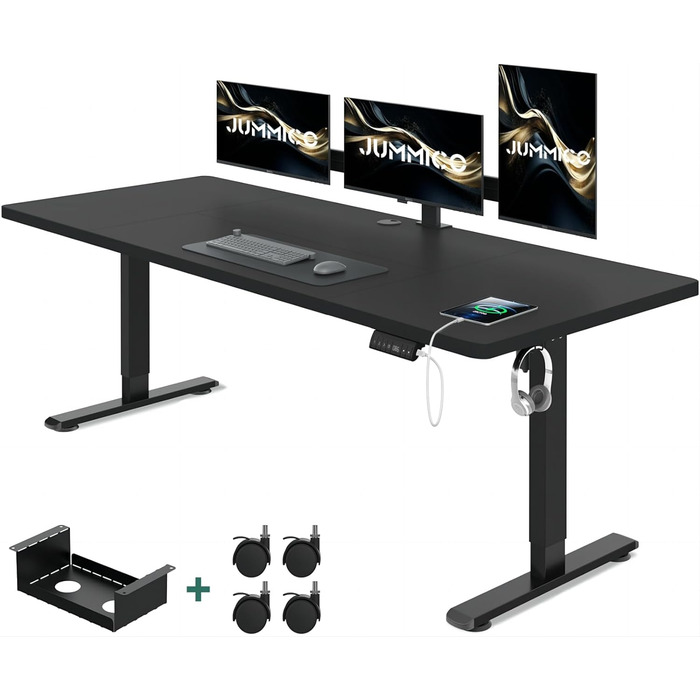 Електричний регульований стіл JUMMICO 160x80 см з USB, кабель-органайзером, ергономічний комп'ютерний стіл для офісу, чорний
